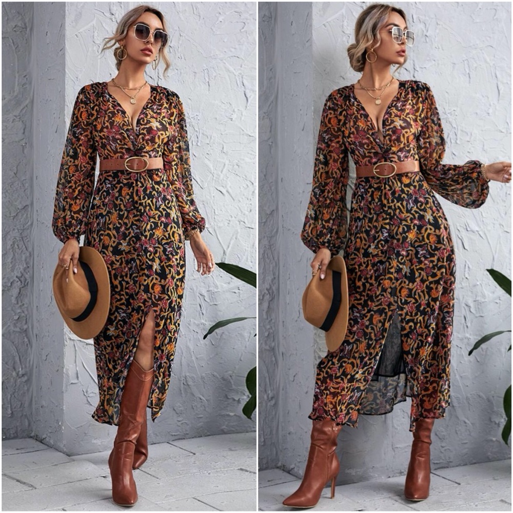 boho floral print long sleeve v neck maxi dress